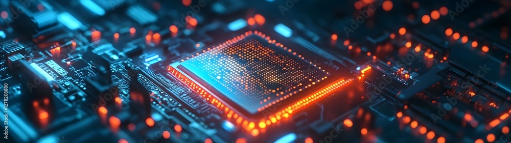 Poster Futuristic Microchip on Intricate Circuit Board with Glowing Energy Flows Symbolizing the Power and Complexity of Modern Technology and Digital Innovation