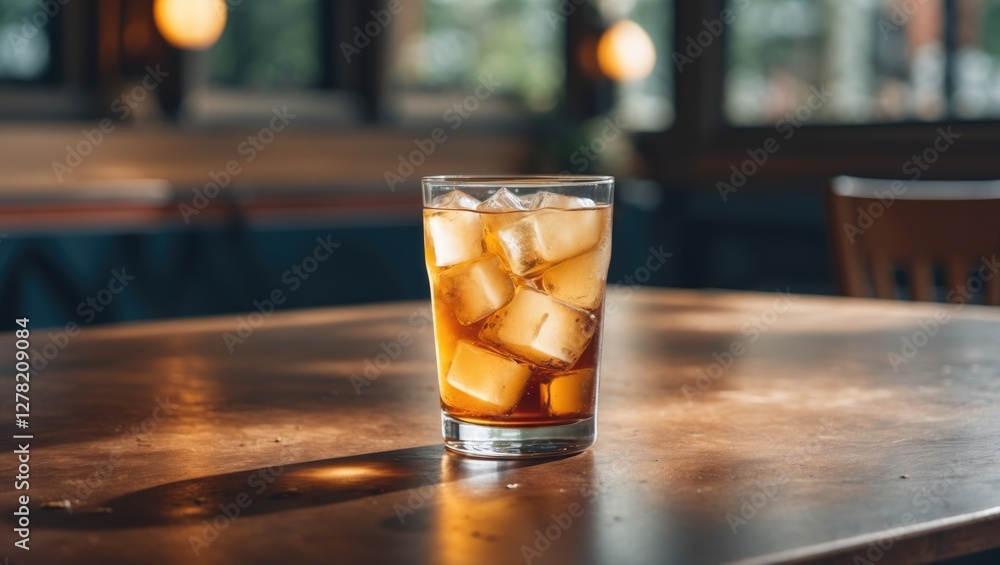 Aufkleber refreshing iced tea in a glass with ice cubes on a wooden table creating a warm and inviting atmosph