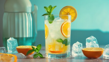 Refreshing Lemonade with Oranges and Mint in a Glass Surrounded by Ice and Oranges on a Wooden Table with Light Background