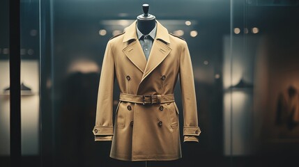 Stylish Beige Trench Coat on Mannequin in Modern Boutique Display