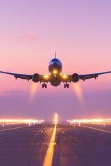 Airplane landing illuminated by sunset, creating dramatic and se