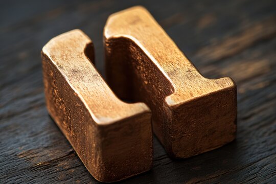 Two Metallic Bronze Numbers Eleven on Dark Wood Surface Close Up Capturing Warm Tones and Textured Details for Creative Design and Conceptual Use