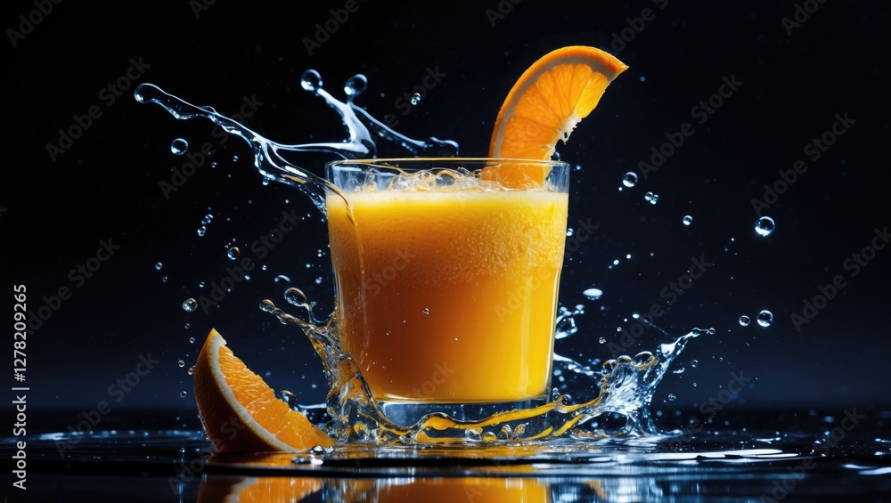 Poster refreshing glass of orange juice with splashes on a dark background showcasing vibrant color and dyn