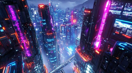cyperpunk High-Tech Urban Future with Flying Cars and Skyscrapers