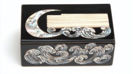 Decorative Black Matchbox Holder with Wave and Crescent Designs