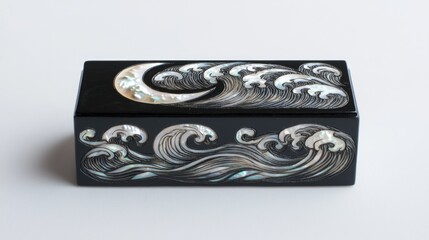 Decorative Black Matchbox Holder with Wave Patterns and Design