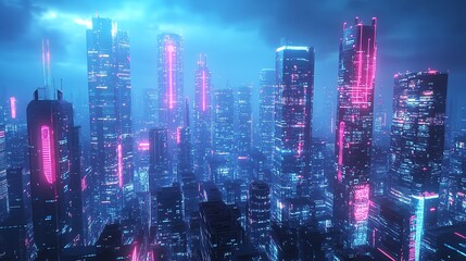 cyperpunk High-Tech Urban Future with Flying Cars and Skyscrapers