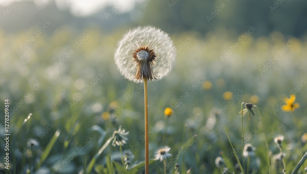 Poster lone dandelion seed head in a vibrant meadow with soft sunlight and ample space for text or overlays