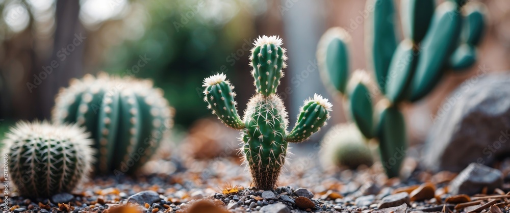 Poster cactus surrounded by pebbles in a garden setting with blurred background and copy space for text, id