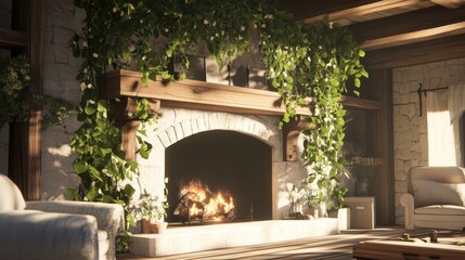 Cozy Modern Living Room with Fireplace and Greenery Accents