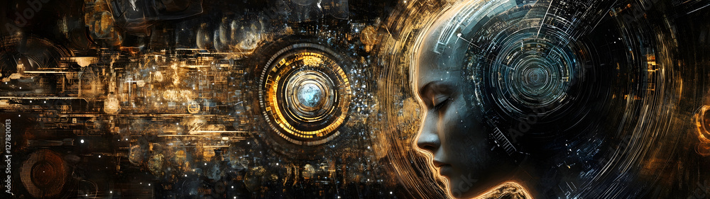 Poster futuristic surreal digital artwork depicting the universe cosmos and astronomical phenomena as a sym