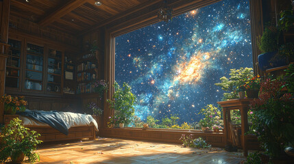 Fototapeta premium Cozy bedroom at night features swirling galaxies outside the window, creating a dreamlike surreal atmosphere with detailed reflections