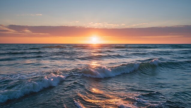 Tranquil sunrise illuminating waves in a picturesque seaside town, capturing the beauty of nature's dawn over the ocean.