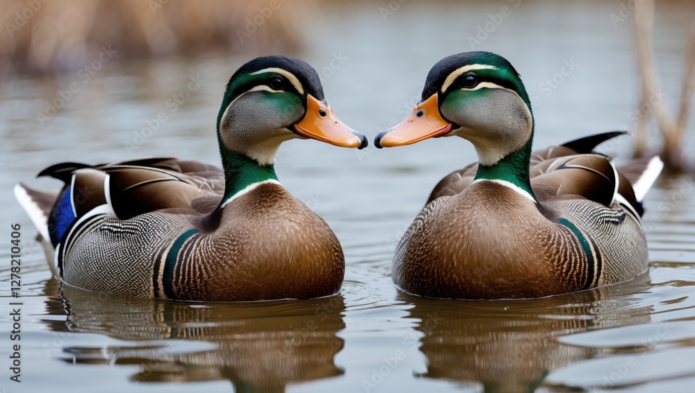Poster pair of male mandarin ducks in serene water setting with reflection and ample blank space for overla
