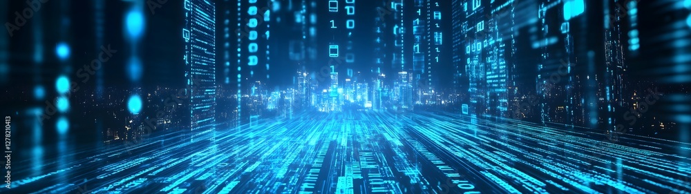 Leinwandbilder Glowing blue data flow and abstract cyberspace patterns in a futuristic digital landscape  Visualization of advanced intelligence and the future of innovation and progress