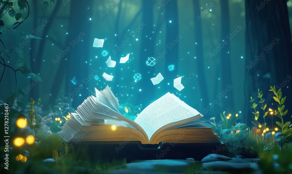 Poster magical open book in enchanted forest with glowing pages and floating symbols