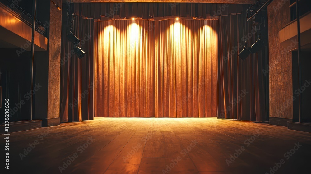 Poster empty stage with curtains and soft lighting awaiting performance