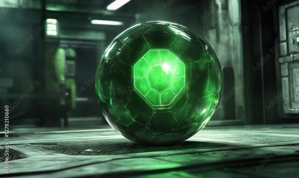 Poster a glowing green orb with a hexagonal pattern sits on a metallic floor in a dimly lit, futuristic env