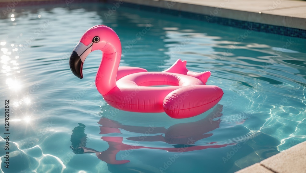 Poster pink inflatable flamingo floating in a clear calm pool capturing a fun summer vibe and relaxation in