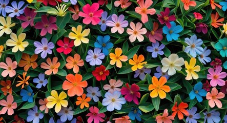 Vibrant Top View of Multi-Colored Flowers with Flat Petals Surrounded by Lush Green Leaves in a Field of Natural Beauty