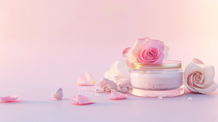 Face care cream in a transparent jar with a gold lid on a background of pink roses