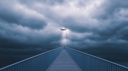 Mysterious pathway leads to hovering object amidst dark, dramati