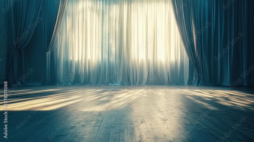 Poster soft light filtering through sheer curtains in empty room