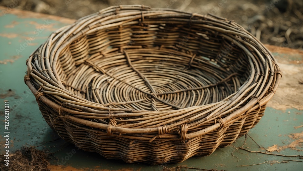 Poster round willow basket on its side with natural texture and empty space for text, perfect for rustic-th