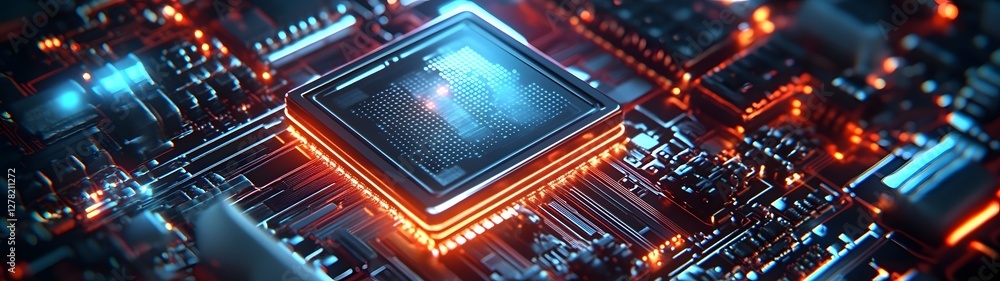 Poster Glowing Circuit Board with Futuristic Illuminated Microchips and Technology Backdrop  Abstract digital electronic computer equipment and innovation concept