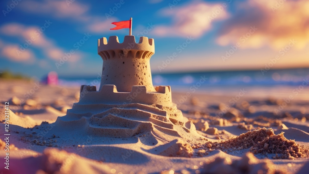 Poster sandcastle on the beach at sunset with soft blurred background and empty space for text or branding 