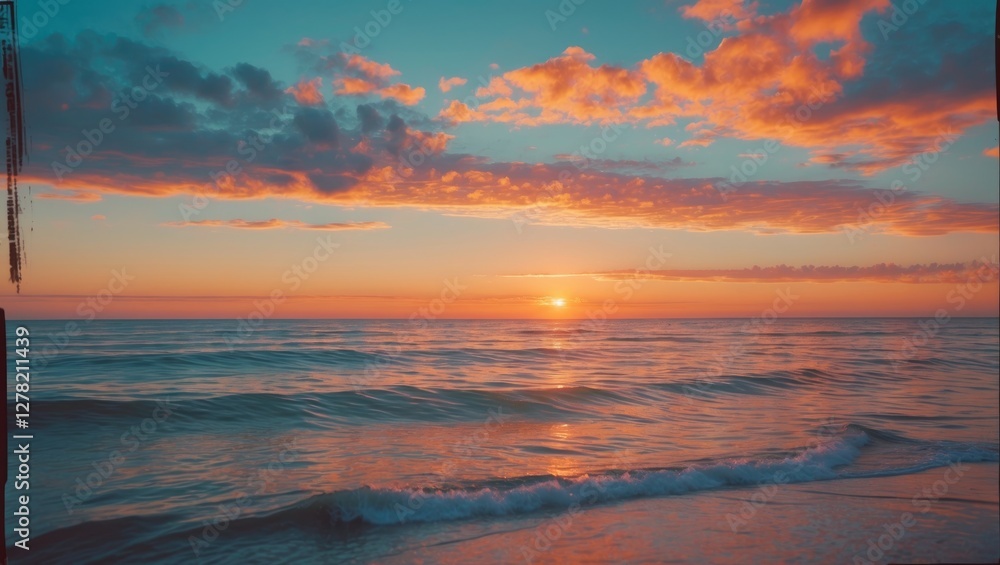 Poster serene ocean sunset with vibrant sky and gentle waves creating a peaceful landscape with space for t
