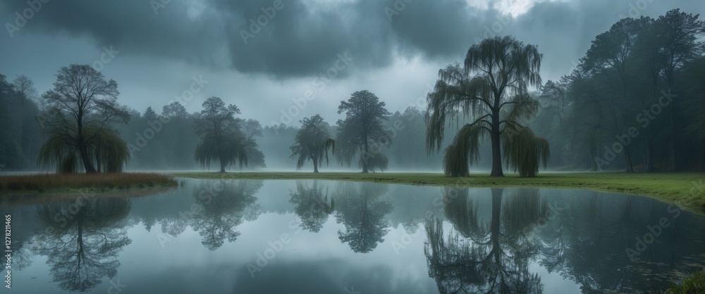Poster tranquil pond reflecting clouds and trees in a misty forest landscape with ample space for text and 
