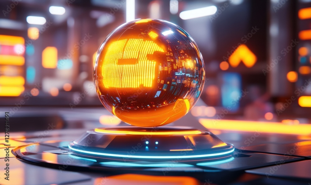 Poster a glowing orange sphere with digital patterns, centered in a futuristic tech environment with neon l