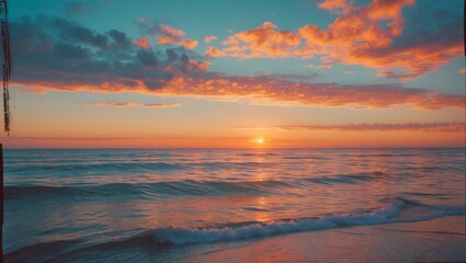 Fototapeta premium Serene ocean sunset with vibrant sky and gentle waves creating a peaceful landscape with space for text and design elements.