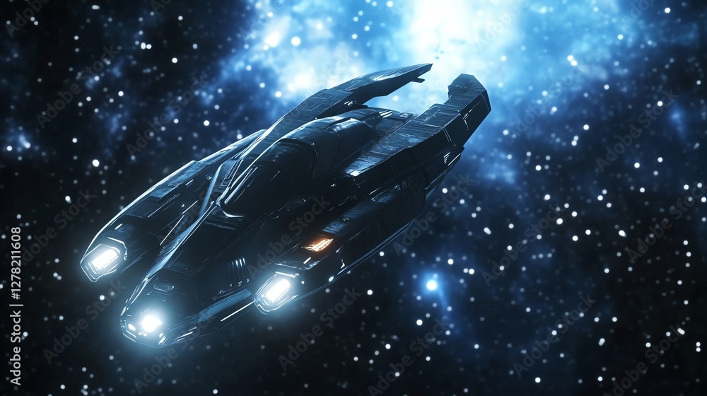 Poster alien spaceship in the universe, spacecraft flying in deep space with planet and stars in the backgr