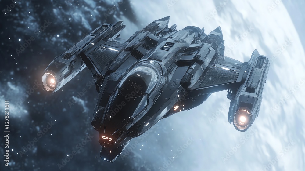 Poster alien spaceship in the universe, spacecraft flying in deep space with planet and stars in the backgr