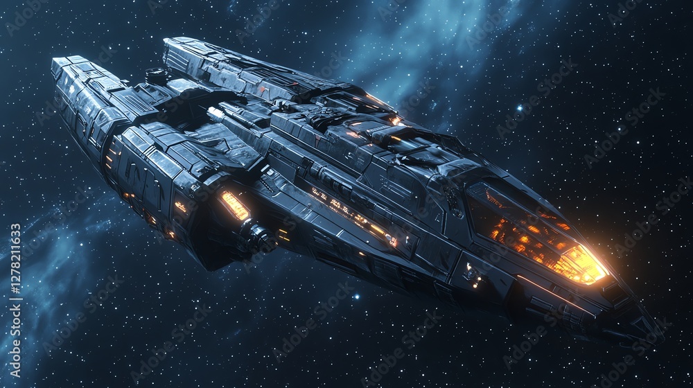 Poster alien spaceship in the universe, spacecraft flying in deep space with planet and stars in the backgr