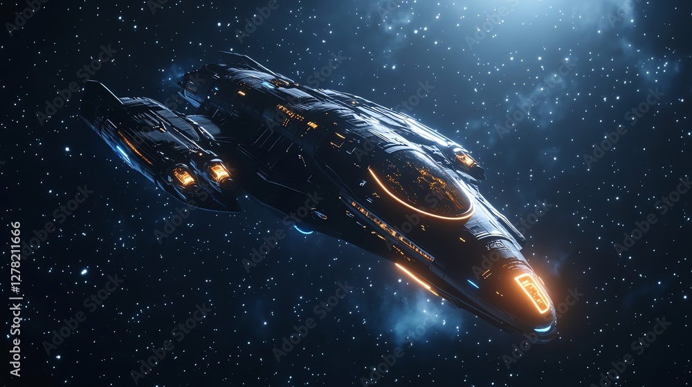 Poster alien spaceship in the universe, spacecraft flying in deep space with planet and stars in the backgr