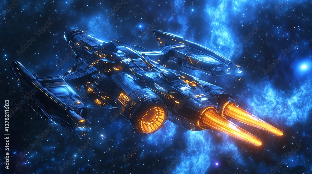 Poster alien spaceship in the universe, spacecraft flying in deep space with planet and stars in the backgr