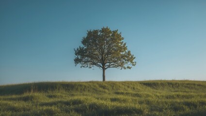 Fototapeta premium Solitary tree on a grassy hill under a clear blue sky representing resilience and nature's beauty in a peaceful landscape setting.