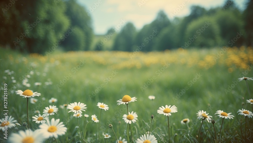 Poster lush summer meadow filled with daisies and empty copy space for text creating a serene and peaceful 