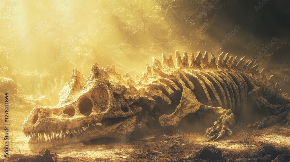 Aufkleber fossilized dinosaur skeleton surrounded by ethereal light at dawn