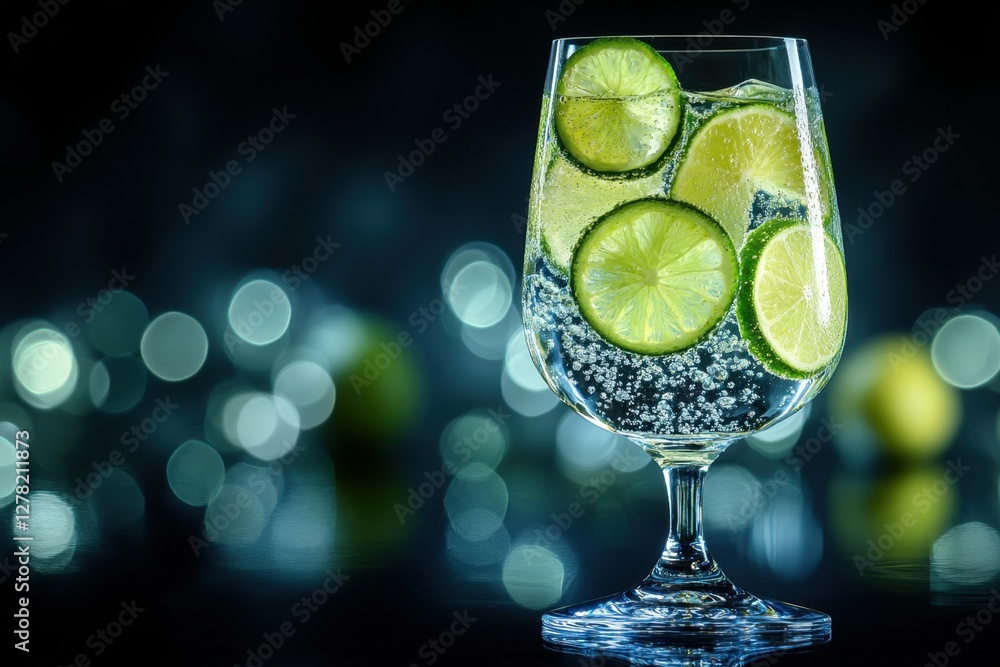 Poster refreshing lime slices in sparkling water glass against a dark bokeh background creating a vibrant a
