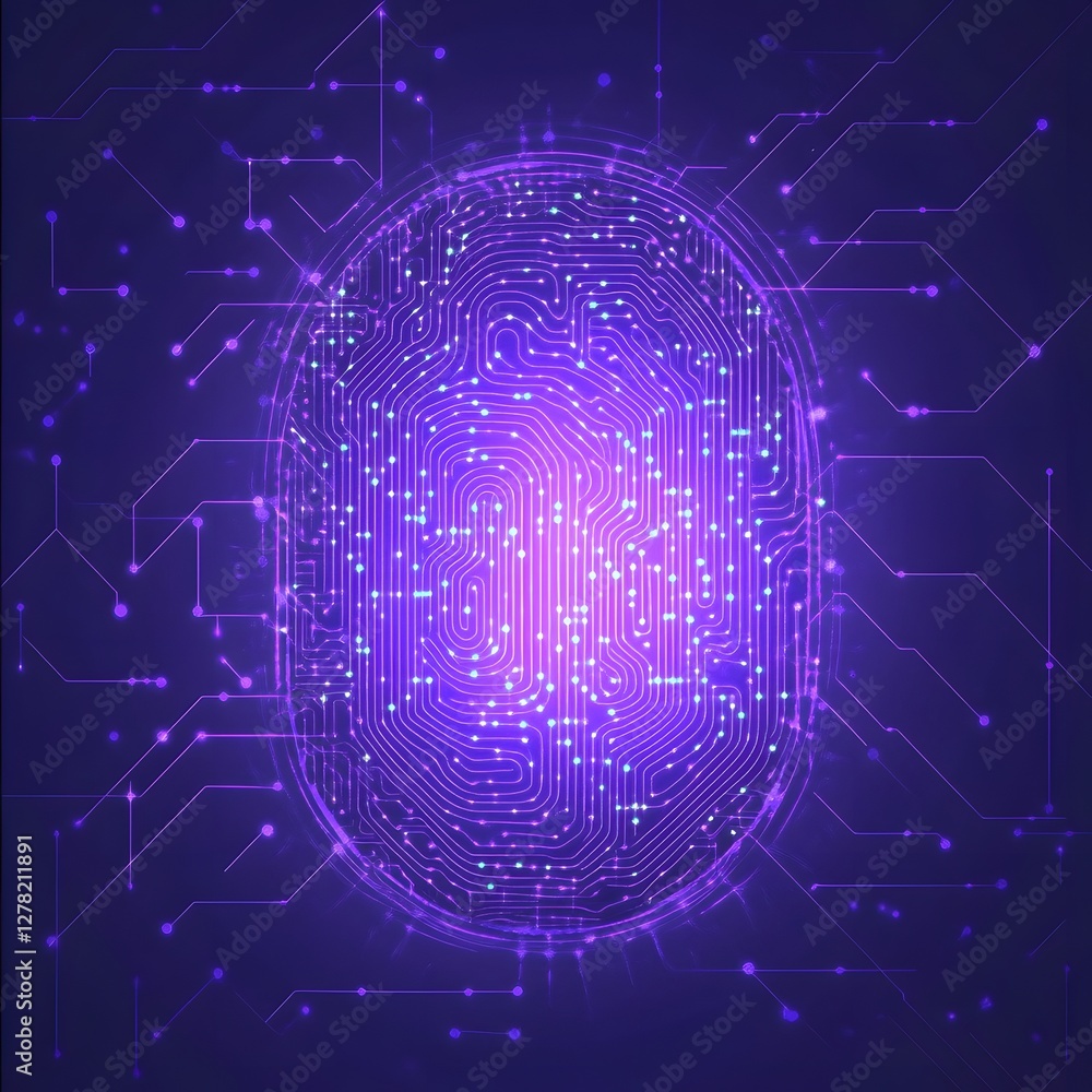 Aufkleber Glowing digital sphere with intricate circuit board and network pattern in shades of blue and purple representing the concept of advanced intelligence and high tech innovation
