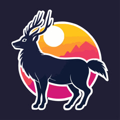 Silhouette of a deer in a vibrant sunset landscape design.