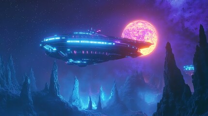 Fototapeta premium Alien spaceship in the Universe, spacecraft flying in deep space with planet and stars in the background, UFO rear bottom view, 3D rendering