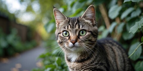 Surprised Striped Young Cat Portrait in Garden with Green Foliage Background Captured in Close-Up Exploring Natural Environment