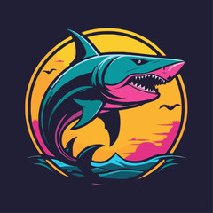 Colorful Shark Jumping Out of the Ocean at Sunset