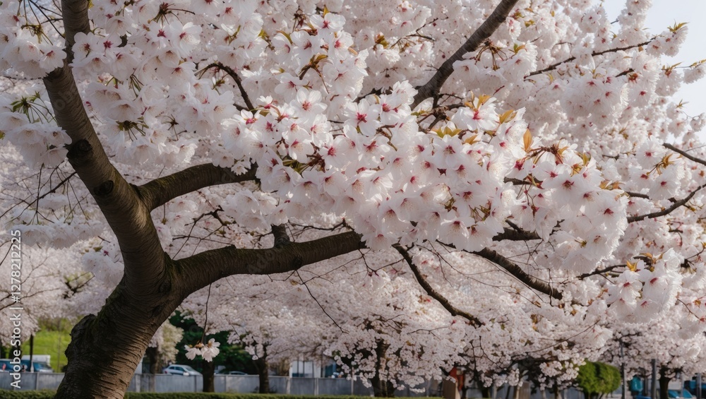 Poster blossoming cherry tree in spring with abundant white flowers and soft bokeh background perfect for t