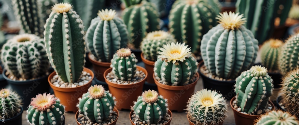 Poster assorted cactus varieties in terracotta pots displaying unique shapes and blooms in a greenhouse set